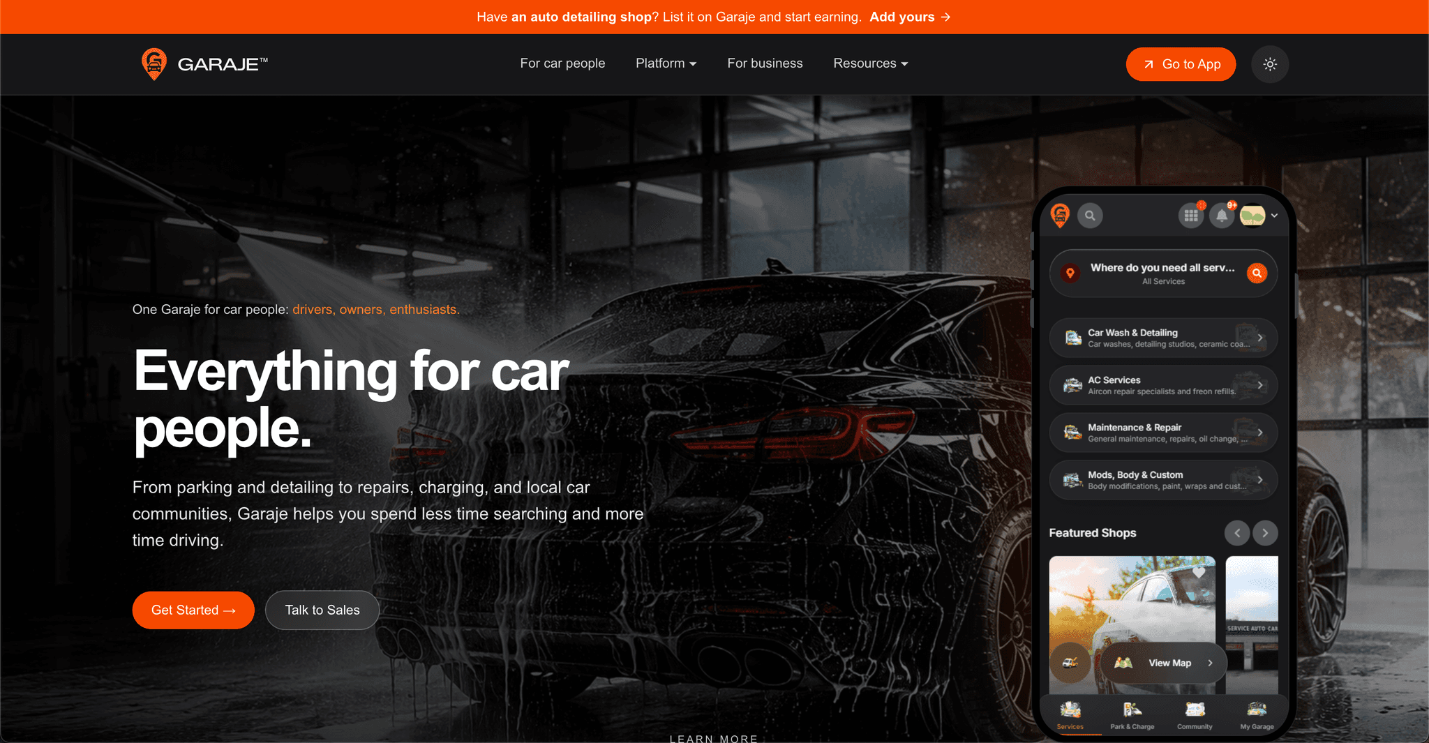 The Garaje consumer homepage, Everything for car people, with the mobile app beside it